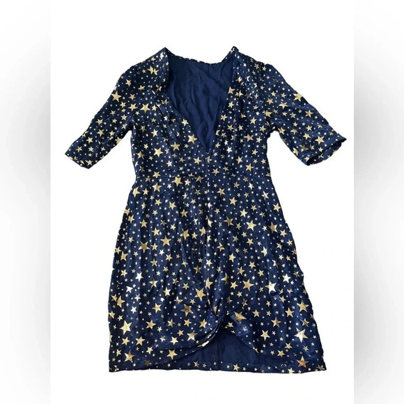 💃🏻Revolve Sample Dress Small Navy Gold Star Print Wrap Front Cocktail Party 👗 - Picture 1 of 3